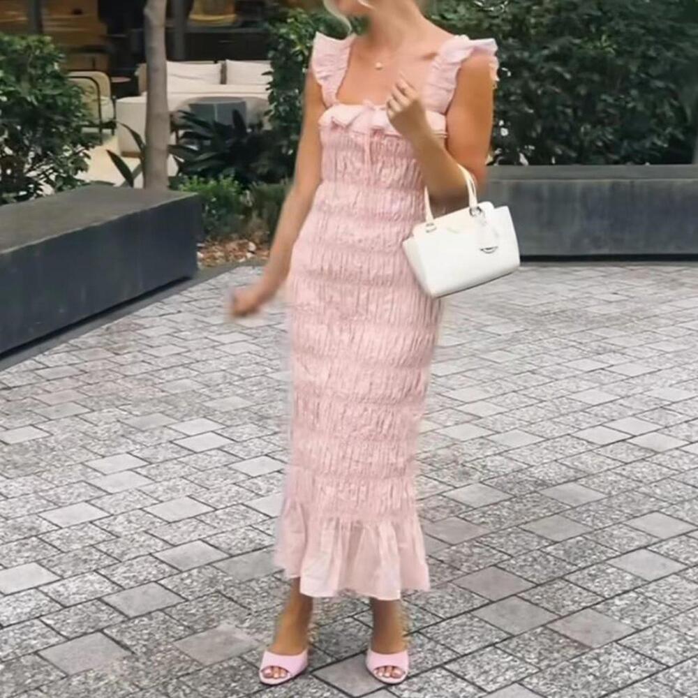 Tularosa Pink Smocked Midi Dress with Ruffle Hem